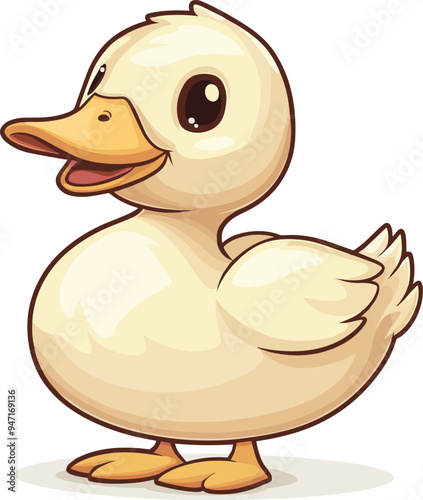 Round duck with a simple beak, round body, and a cheerful expression, white background, vector art cartoon style