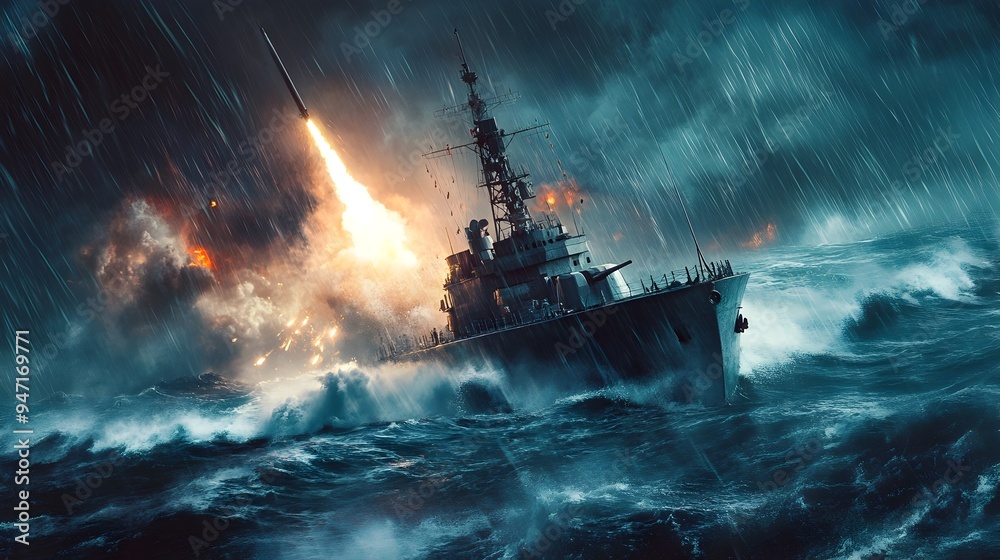 Destroyer Launching Missiles at Enemy Submarine in Stormy Seas Destroyer Launching Missiles at Enemy Submarine in Stormy Seas