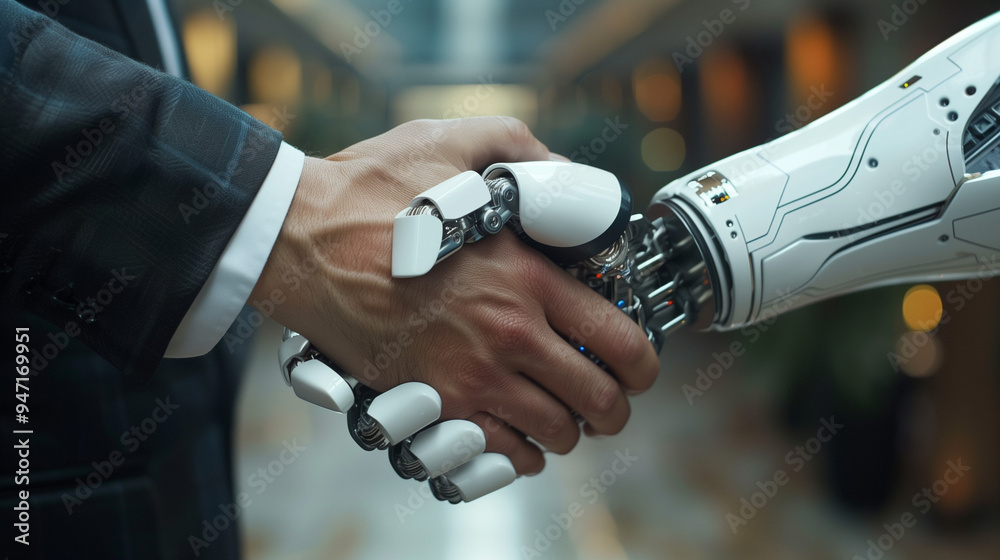 Naklejka premium Human and AI robot shaking hands in a corporate setting.