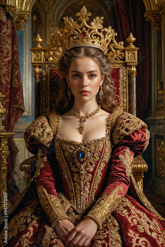Renaissance-style painting portrait of a queen in royal attire sitting on the throne, Generative AI	
