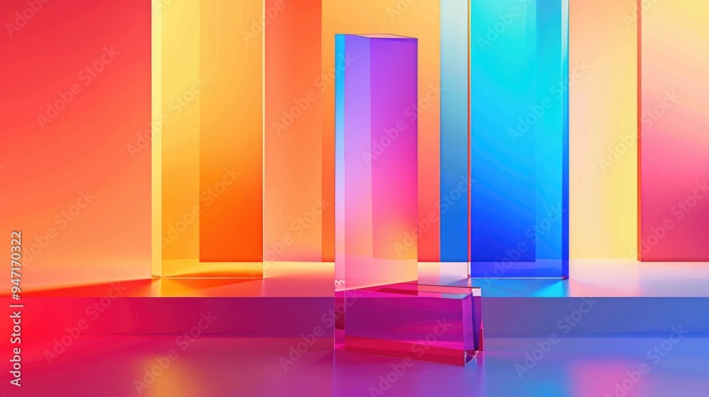 Colorful room with three tall glass vases on shelves, perfect for home decor or office use Colorful room with three tall glass vases on shelves, perfect for home decor or office use