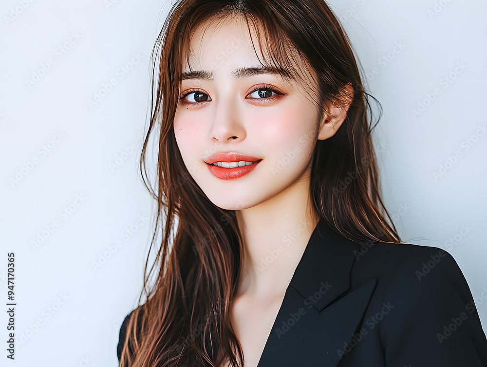 黒いスーツ姿のロングヘアのアジア人美女モデル 黒いスーツ姿のロングヘアのアジア人美女モデル