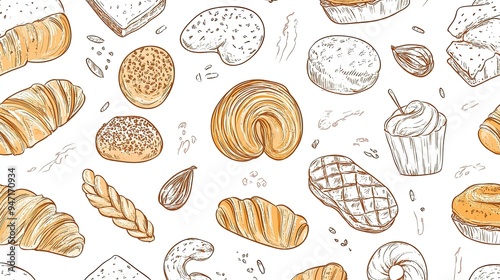 Hand Drawn Bakery Seamless Pattern with Croissants  Bread  and Pastry