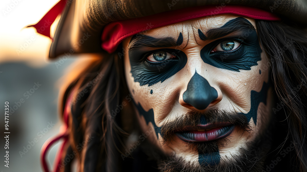 Close up of man's face with Halloween pirate costume makeup. Generative AI Close up of man's face with Halloween pirate costume makeup. Generative AI