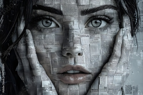 Conceptual portrait of a woman with her hands gently touching her cheek, crafted entirely from newspaper clippings