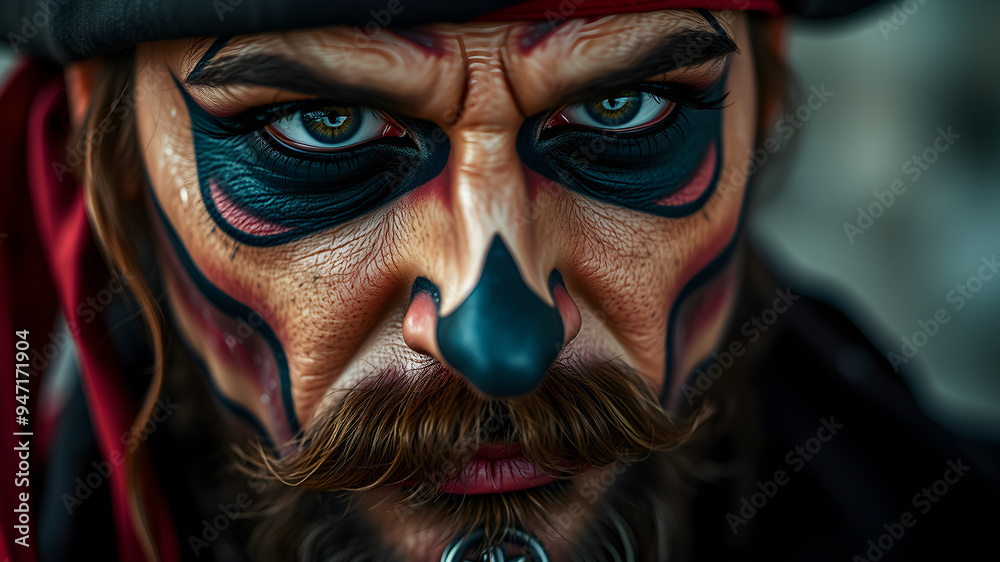 Close up of man's face with Halloween pirate costume makeup. Generative AI Close up of man's face with Halloween pirate costume makeup. Generative AI