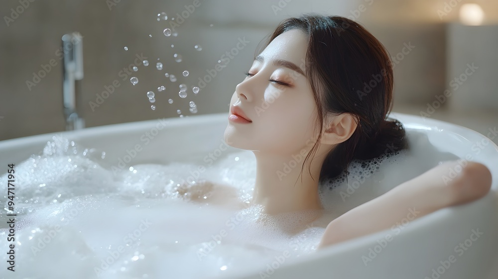Elegant Asian Woman Enjoying a Luxurious Bubble Bath in Minimalist Bathroom Elegant Asian Woman Enjoying a Luxurious Bubble Bath in Minimalist Bathroom