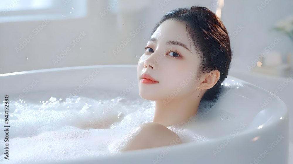 Elegant Korean Woman Enjoying Luxurious Bubble Bath in Minimalistic Bathroom