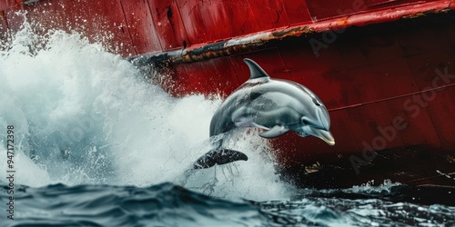 Bottlenose Dolphin Performing a Stunning Leap in Front of a Ship s Bow photo