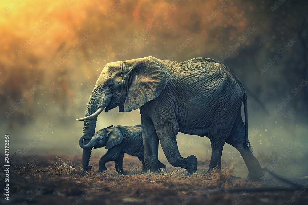 Fototapeta premium A touching moment between a mother elephant and her calf in the wild, showcasing affection and the bond of wildlife family in a serene forest. Animals.
