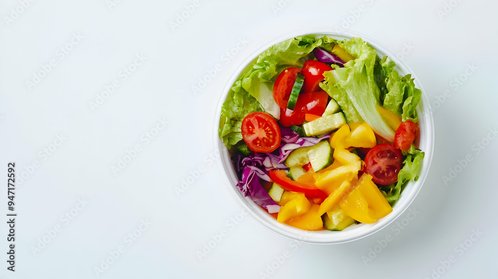 A top-down view of a colorful salad in a white plastic round food container placed on a plain white background A top-down view of a colorful salad in a white plastic round food container placed on a plain white background