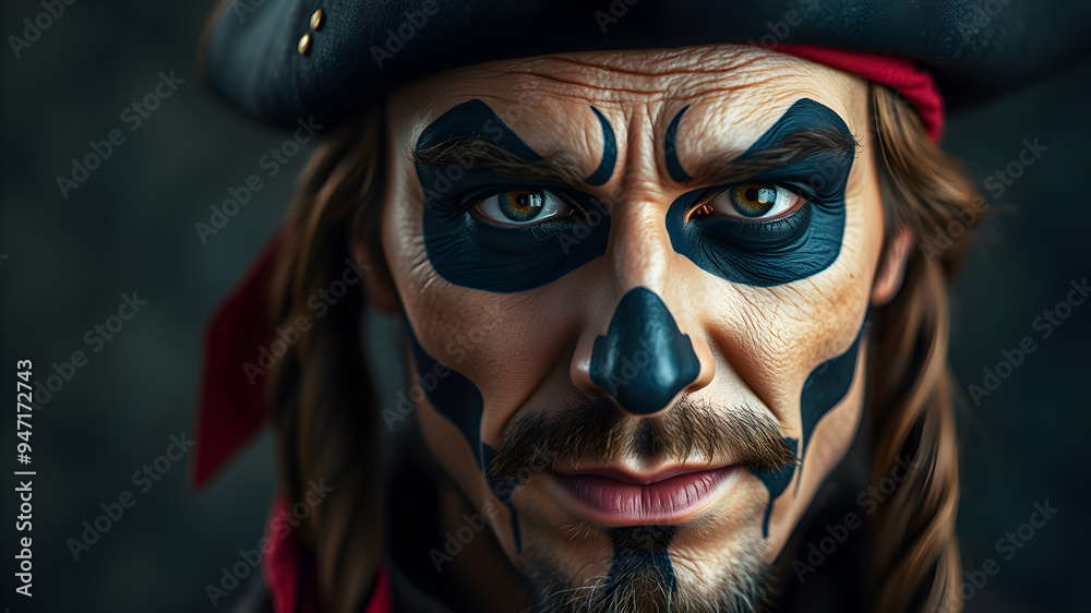 Close up of man's face with Halloween pirate costume makeup. Generative AI