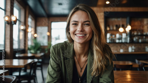 adult caucasian girl cafe restaurant background portrait