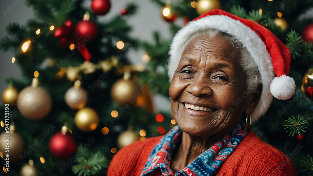 elderly african girl christmas tree background portrait elderly african girl christmas tree background portrait