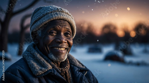 elderly african boy winter night background portrait