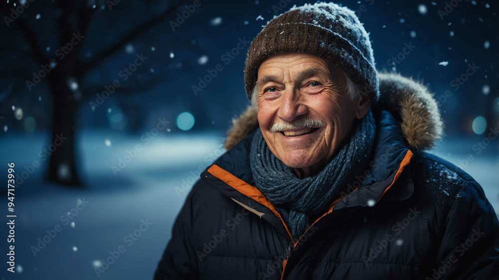 elderly caucasian boy winter night background portrait elderly caucasian boy winter night background portrait