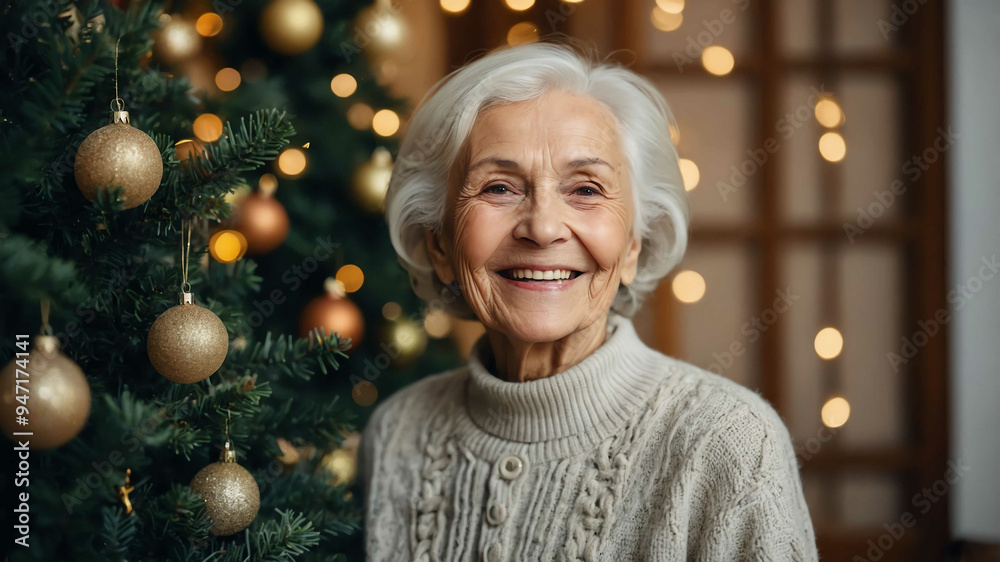 elderly caucasian girl christmas tree background portrait elderly caucasian girl christmas tree background portrait