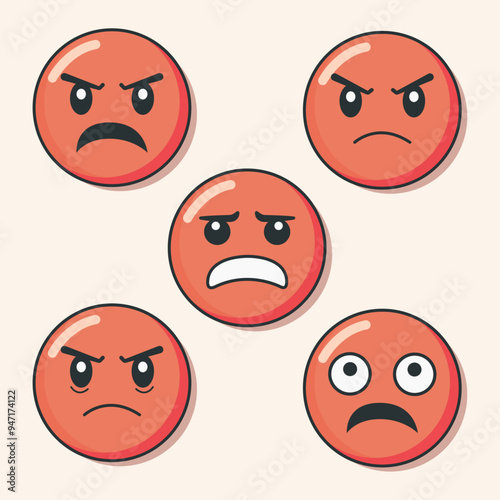 Set of red cartoon faces, angry, scared, terrified, shocked, vector illustration