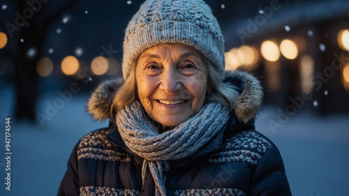 elderly caucasian girl winter night background portrait