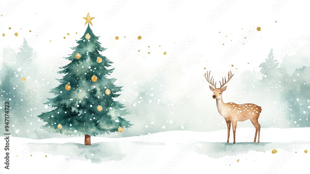 Extremely simple watercolor hand drawn geometric Christmas tree and deer, using soft green and gold tones, placed on a white background, leaving ample copywriting space and holiday design elements Extremely simple watercolor hand drawn geometric Christmas tree and deer, using soft green and gold tones, placed on a white background, leaving ample copywriting space and holiday design elements