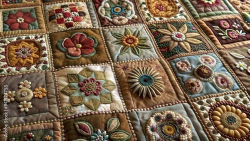 Applique and embroidery in patchwork.Decorative patchwork quilt with floral applique and embroidery. A wonderful kind of needlework to decorate your interior