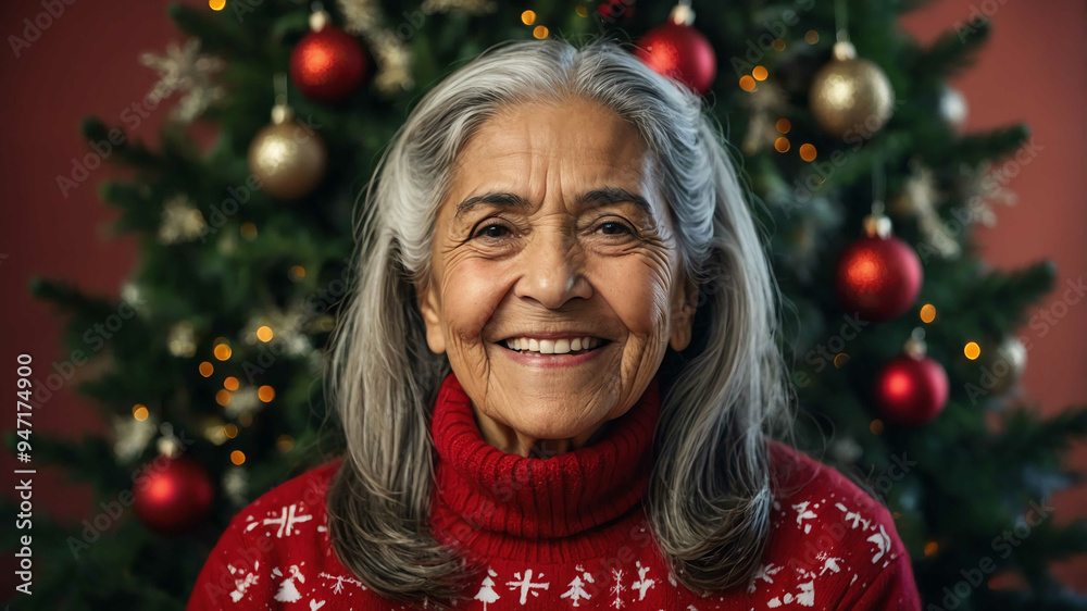 elderly hispanic girl christmas tree background portrait