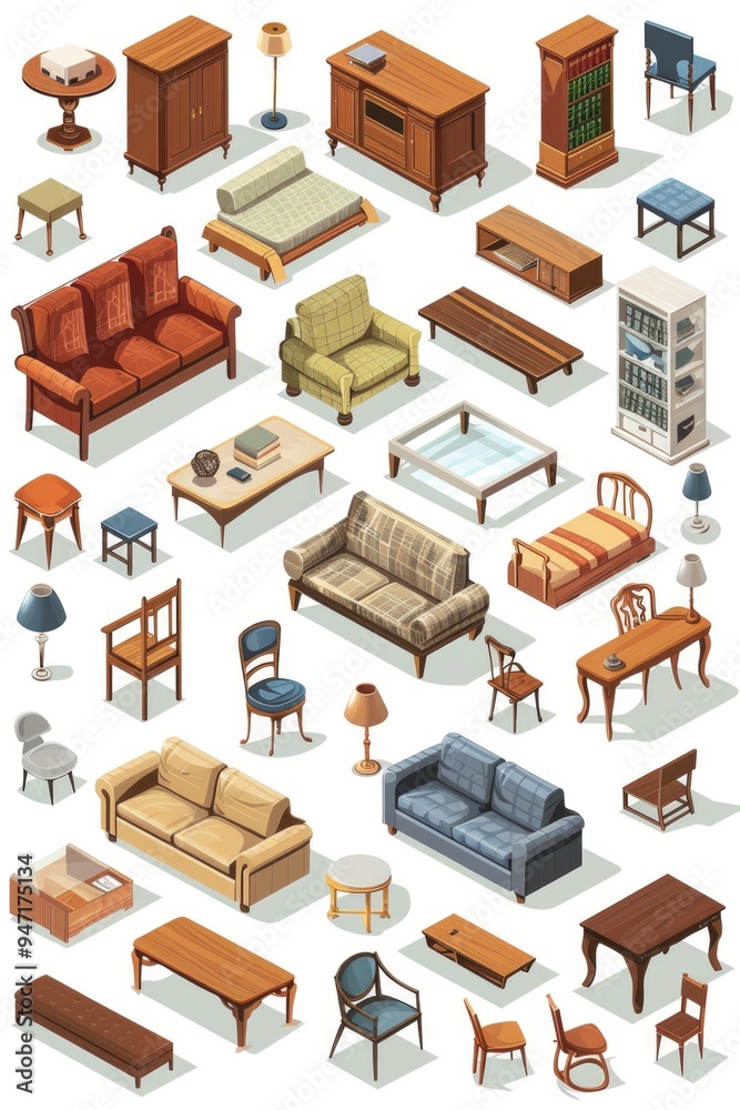 A collection of modern furniture in a flat style, suitable for use as a design concept or architectural illustration A collection of modern furniture in a flat style, suitable for use as a design concept or architectural illustration