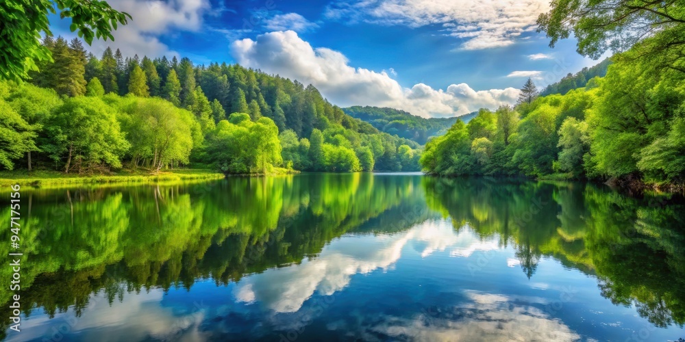 Tranquil lake surrounded by lush green forest , nature, scenery, reflection, serene, peaceful, landscape, trees, woods
