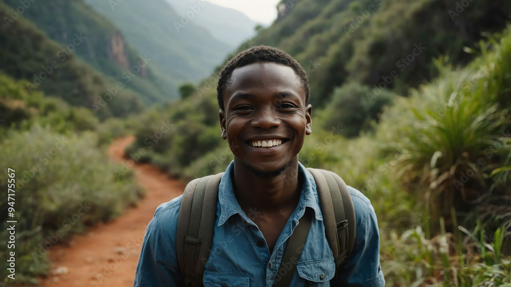middleaged african boy hiking trail background portrait middleaged african boy hiking trail background portrait