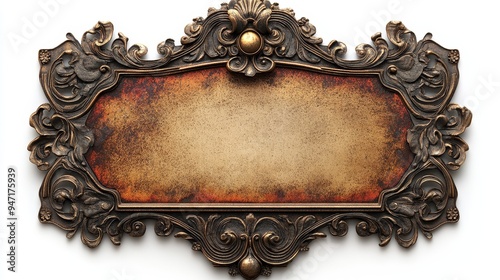 Ornate arched retro metal plaque with a blank rectangular space for content, featuring an elaborate border design, ideal for vintage or classic signage and decorative elements in various settings.