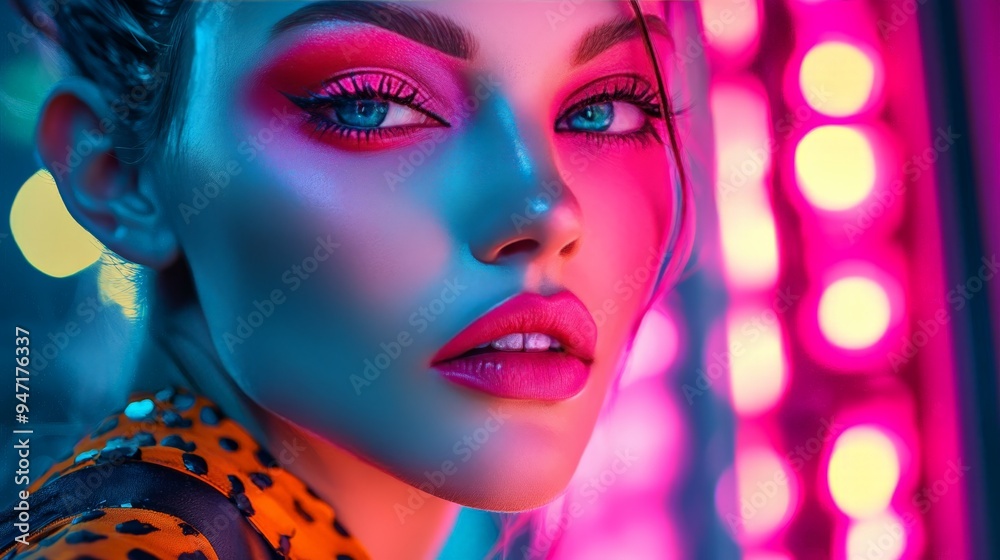 Close-up of a glamorous woman with bold makeup and colorful neon lights. High fashion and futuristic vibes in vibrant tones.