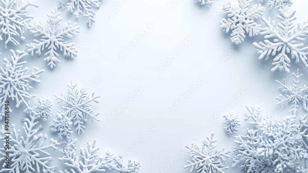 Elegant New Year's snowflakes on a pristine white background, featuring a simple and clean design with a central blank space, perfect for festive greeting cards, invitations, and holiday decorations. Elegant New Year's snowflakes on a pristine white background, featuring a simple and clean design with a central blank space, perfect for festive greeting cards, invitations, and holiday decorations.