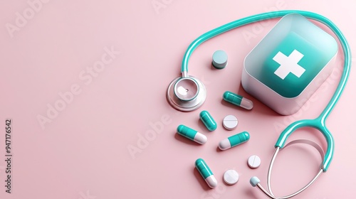 First aid kit, stethoscope, and pills on pink background.