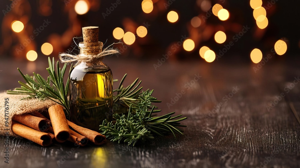 Bottles of olive oil with fresh herbs and spices on black background Bottles of olive oil with fresh herbs and spices on black background