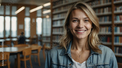 middleaged caucasian girl public library background portrait