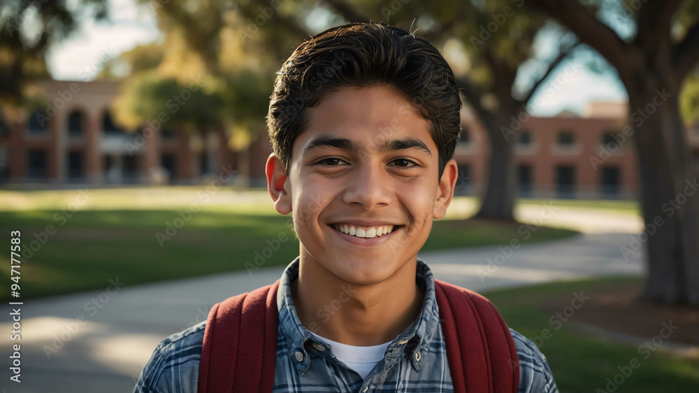 middleaged hispanic boy school campus background portrait