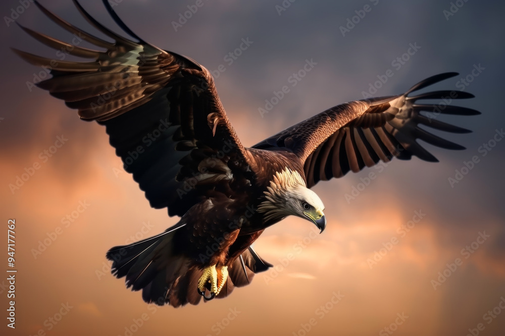 Obraz premium Majestic Eagle Soaring Through Dramatic Sky at Sunset