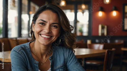 Wallpaper Mural middleaged hispanic girl cafe restaurant background portrait Torontodigital.ca