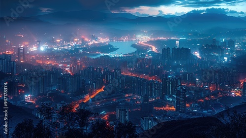 The city is located beside mountains, modern city, night scape, Skyscrapers, panoramic view. Generative AI.