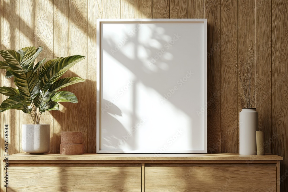 Fototapeta premium Poster Frame Mockup on Wooden Interior Background created with Generative AI