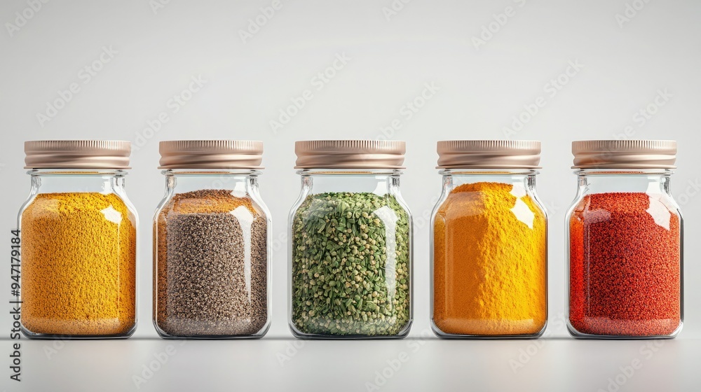A vibrant display of colorful spices in glass jars, perfect for culinary creativity and highlighting rich flavors. A vibrant display of colorful spices in glass jars, perfect for culinary creativity and highlighting rich flavors.
