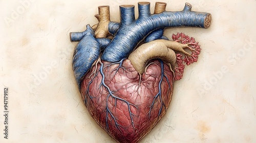 A highly detailed anatomical illustration of a human heart, with all chambers, valves, and blood vessels labeled. photo