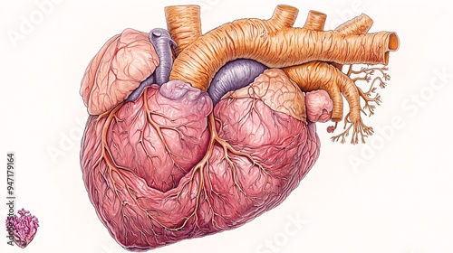 A highly detailed anatomical illustration of a human heart, with all chambers, valves, and blood vessels labeled. photo