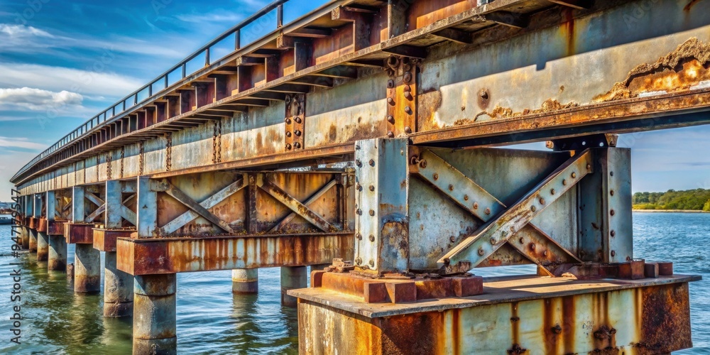 Rusty structural steel and flaking concrete parts on a deteriorating bridge, rusty, structural, steel, flaking Rusty structural steel and flaking concrete parts on a deteriorating bridge, rusty, structural, steel, flaking