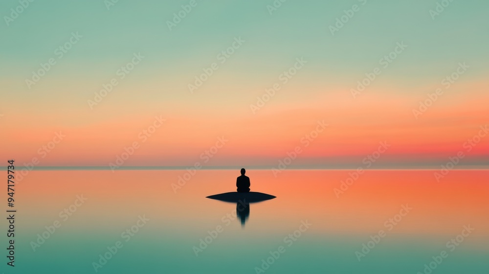 Fototapeta premium A tranquil pond reflecting the sky, with a solitary figure seated at its edge, capturing a moment of quiet reflection and emotional release in a peaceful natural setting.