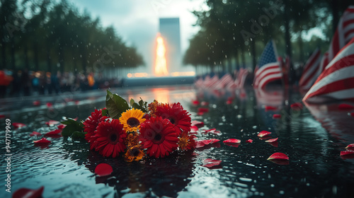 Flowers and American flags are laid in memory of the victims of September 11, with the Eternal Flame burning brightly in the background, conveying the somber and reflective mood of Patriot Day