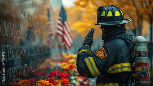 A firefighter salutes in front of a memorial wall engraved with the names of 9/11 heroes, surrounded by American flags and flowers.