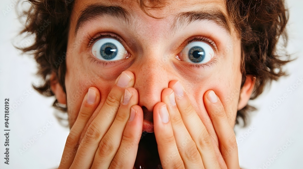 Man covering mouth in astonishment on white backdrop
