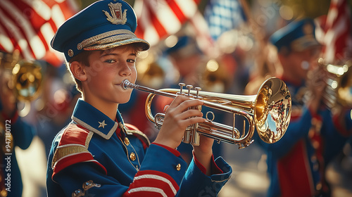 A young guy is a trumpeter in the orchestra of the bright and festive patriotic parade on Patriot Day in the USA. photo