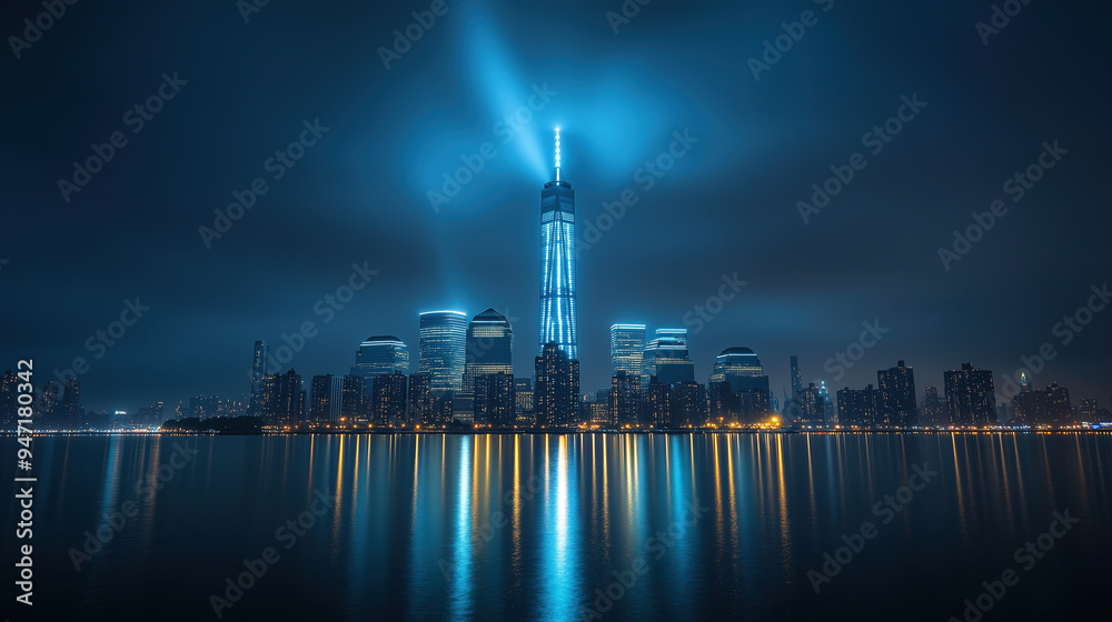 Fototapeta premium A tranquil early morning landscape shows a panorama of a large American city with majestically towering skyscrapers, bathed in soft morning light.